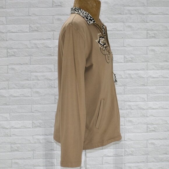 JM COLLECTION Sweatshirt Front Zip Animal Print Floral Embellished Studs Tan M - Picture 5 of 14
